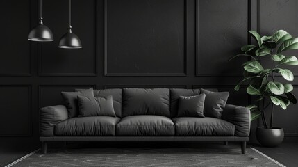 Black living room interior with sofa, minimalist interior background