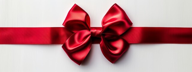  A close-up of a red ribbon on a white surface, with a bow at one end