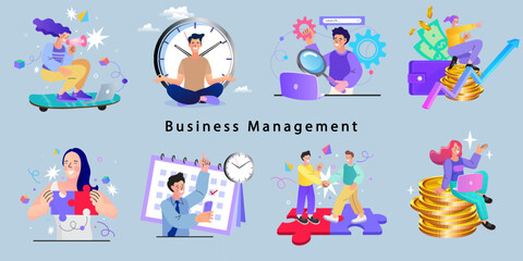 Fototapeta premium Set of business management concept illustrations. A collection of characters in scenes of marketing, financial growth, data analysis, partnership, and time management.