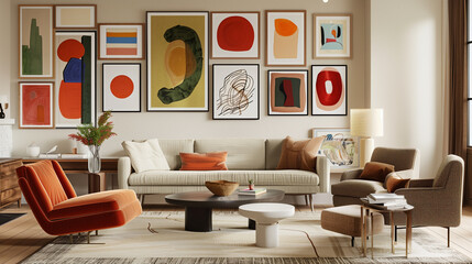 A gallery wall filled with an array of eclectic frames, each showcasing a unique abstract art piece.