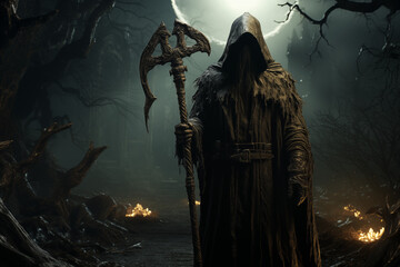 Fototapeta premium A Grim Reaper Standing With A Scythe In A Moonlit Graveyard