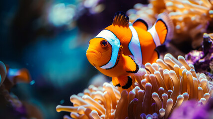 closeup clown fish in the coral reef on ocean