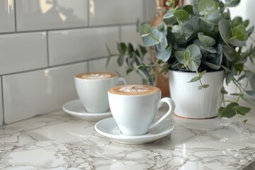 Minimalist coffee setup with plant representing simplicity and modernity in a bright and clean design