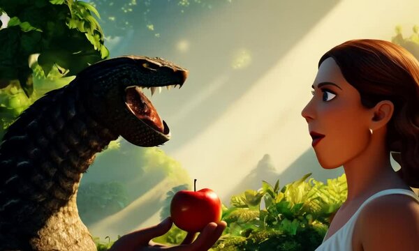 The serpent tempts Eve with an apple in the Garden of Eden.	