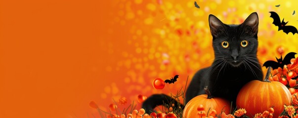 Obraz premium A black cat is laying on a table with pumpkins and bats. Free copy space for text.
