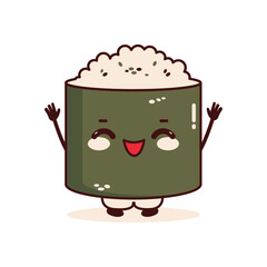 Cute Rice Sushi Roll Japanese Food Cartoon Character with Smile Expression