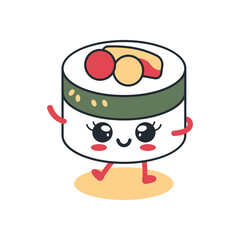 Cute Rice Sushi Roll Japanese Food Cartoon Character with Smile Expression