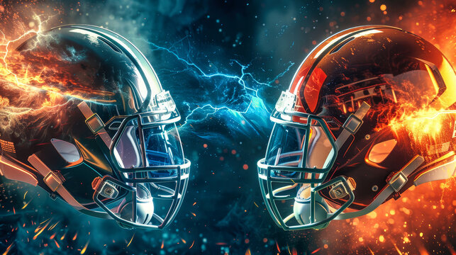 Two football helmets face off in a fiery showdown, one engulfed in flames and the other illuminated by electrifying blue energy