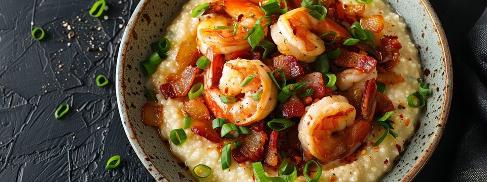  A bowl of grits topped with shrimp, bacon, scallops, and green onions against a black backdrop