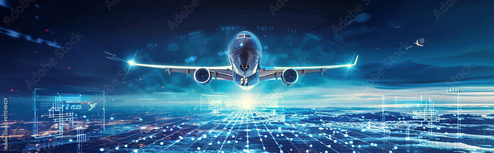 Poster a futuristic airplane takes flight above a digital cityscape, with glowing lines and patterns creati