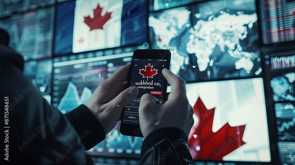 Aufkleber hands of a man with a smartphone in his hands against the background of a monitor with a map of cana