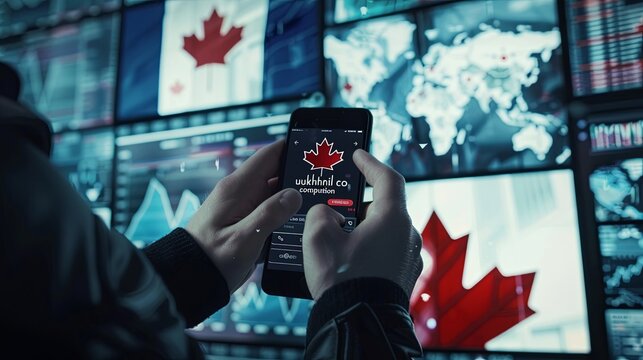 Hands of a man with a smartphone in his hands against the background of a monitor with a map of Canada.
