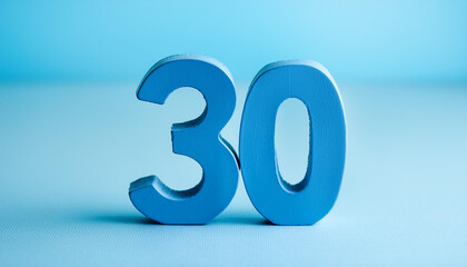 Number 30 in blue color. Design for banner or poster. 3D rendering. Close-up.