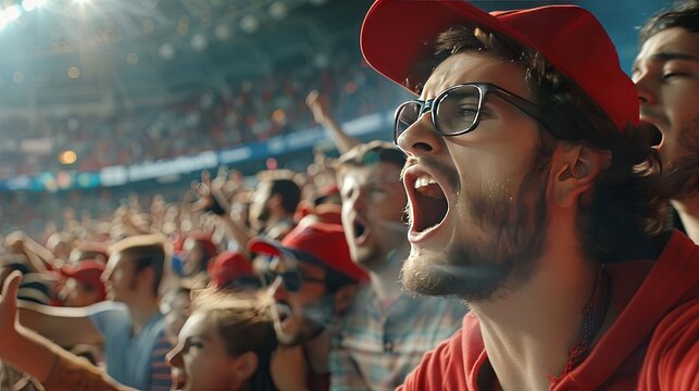 Cheerful fan in red hat screaming on the stands of the stadium