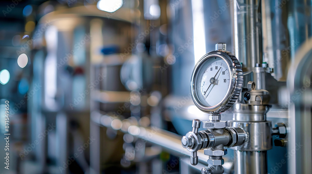 Poster a close-up of a temperature sensor mounted on a pipe within a modern industrial facility, highlighti
