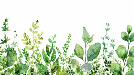 Lush Border of Leafy Greens and Herbs on White Background - Botanical Watercolor Illustration with Natural Colors