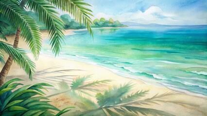 Serenene tropical ocean shore with calm sea, white sand, and lush green palm leaf shadow, perfect for summer relaxation.