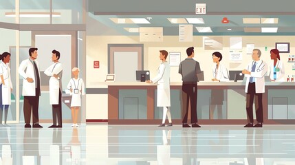 Hospital staff, teamwork and coordination, flat design illustration