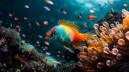 Obraz premium Colorful aquatic life thrives in tropical reef, AI Generative