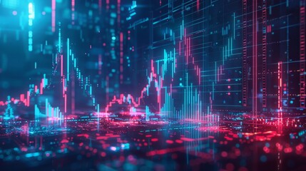 Obraz premium Futuristic Holographic Stock Market Crash in Neon Blue - Digital Art Sci-Fi Illustration Concept
