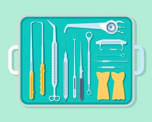 Surgical instruments, tools on tray, flat design illustration