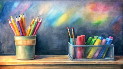 Vibrant pencils, erasers, and markers sit organized on a tidy shelf before a pristine blackboard, awaiting artistic expression and learning.