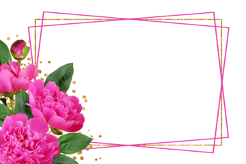 Pink peony flowers in a corner floral arrangement  with geometric frame and glitter confetti isolated on white or transparent background