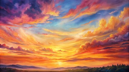 Vibrant orange, pink, purple, and yellow hues ignite the fantasy sky, radiating warmth in a peaceful, ethereal summer sunset panorama.