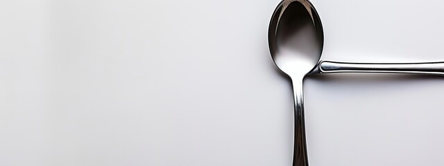  A spoon tightly focused against a pristine white backdrop, its reflection mirrored on the silvered edge