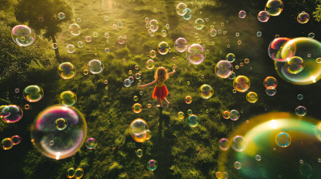 Overhead perspective captures the myriad of vibrant bubbles and a gleeful little blonde girl's silhouette frolicking amidst them.