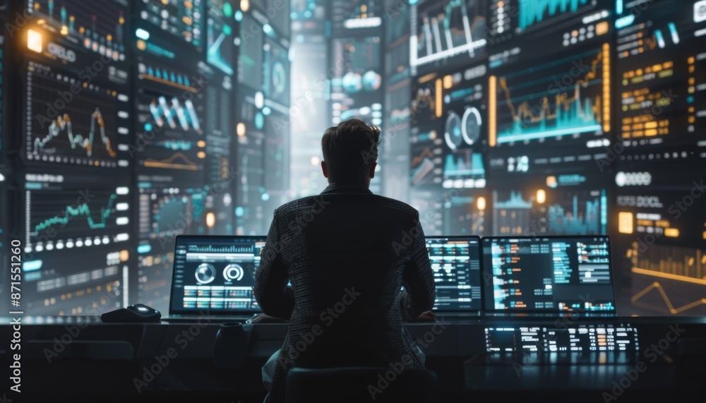 Poster futuristic trader analyzing cryptocurrency graphs on multiple holographic screens, cryptocurrency, t