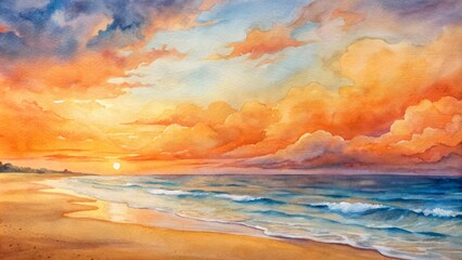 Obraz premium Vibrant orange hues illuminate tranquil beach scene with gentle waves caressing shore, beneath breathtaking cloud-speckled sky, inviting contemplation.