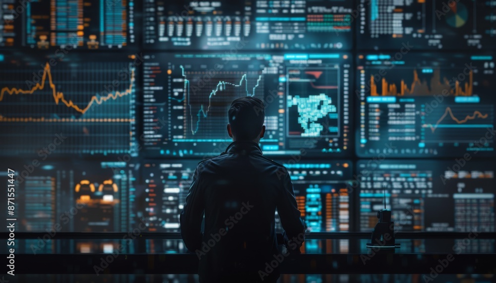 Aufkleber futuristic trader analyzing cryptocurrency graphs on multiple holographic screens, cryptocurrency, t