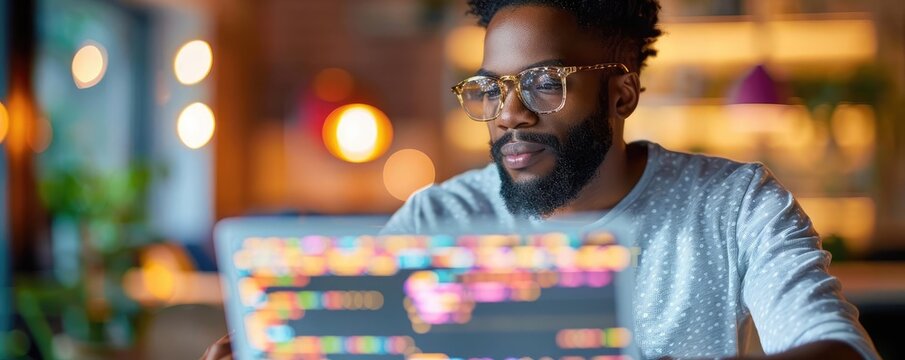 Young professional learning coding on a laptop, skills, tech advancement and opportunities