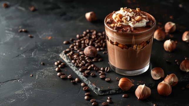 Chocolate hazelnut coffee dessert on black background with space for text