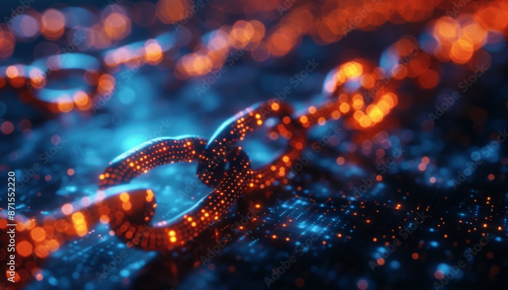 Poster abstract digital art of a blockchain network with glowing nodes and connections, cryptocurrency, tec