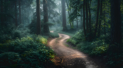 Obraz premium A forest path is shown in the rain, with trees and leaves in the background