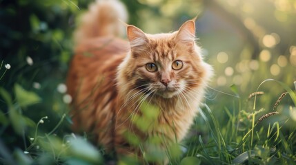 Fototapeta premium An orange cat with long hair and a cute face strolls in the garden making eye contact with the camera