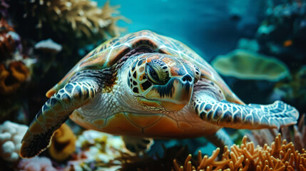 Fototapeta premium closeup turtle on the coral reef