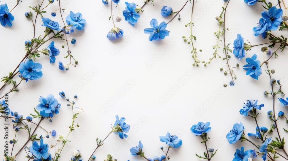 Poster blue flowers on white background arranged in frame easter and spring theme flat lay view with space 