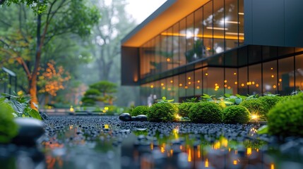 Fototapeta premium A serene scene of a modern office building with a blurred background of people and green trees