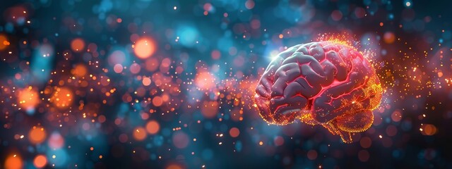  A tight shot of a human brain against a blurred backdrop of blue and red, encircled by a halo of soft focus light