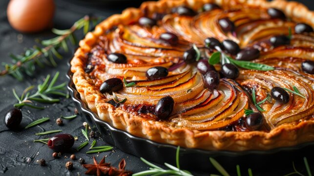 French cuisine. Onion, anchovy and olive pie (Pissaladiere).