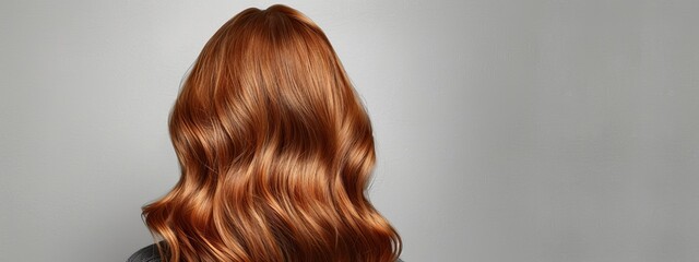 Fototapeta premium Long, shiny red hair of a woman at the back, against a gray wall