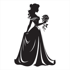 Fototapeta premium princess in long lush dress holding a rose silhouette white background 