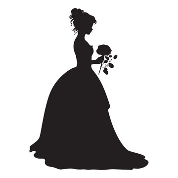 recommend clip art: princess in long lush dress holding a rose silhouette white background
                    