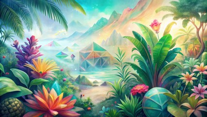 Vibrant and colorful tropical summer landscape with lush greenery, exotic flowers, and abstract geometric shapes for creative project backgrounds.