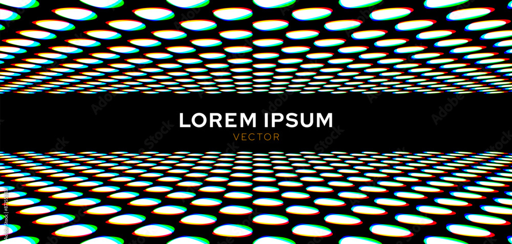 Poster litched Circles Floor in Perspective Texture. Optical Illusion Empty Disco Floor. White Circles Mosaic Studio Background. Vector illustration.