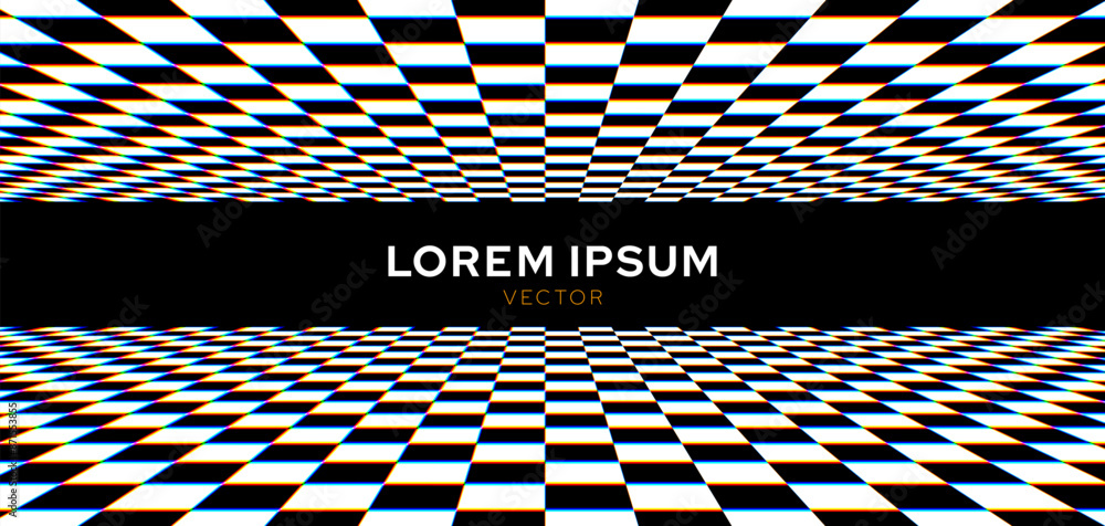 Aufkleber Chess Floor in Perspective with Checkerboard Texture. Empty Chess Board. Black and White Squares Mosaic Studio Background. Vector illustration.