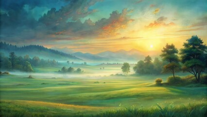 Fototapeta premium Serene landscape of a lush green field illuminated by warm sunset light, with a subtle misty atmosphere and no human presence.